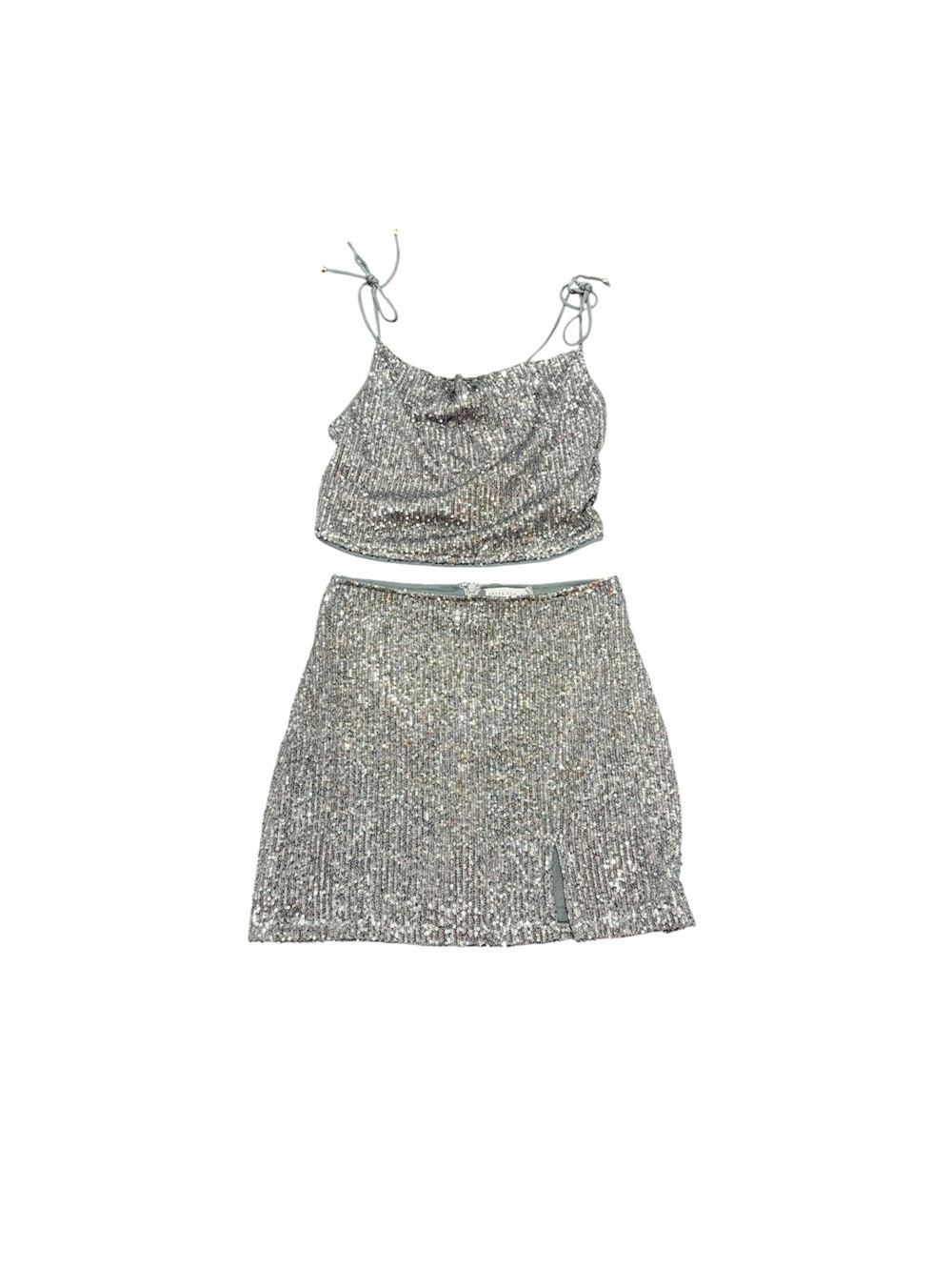 Boutique Silver Sequin Mini Skirt Set